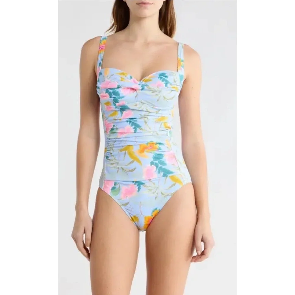 Betsey Johnson Floral Sweetheart One-Piece Swimsuit 1X Blue Tropical Ruched NWT